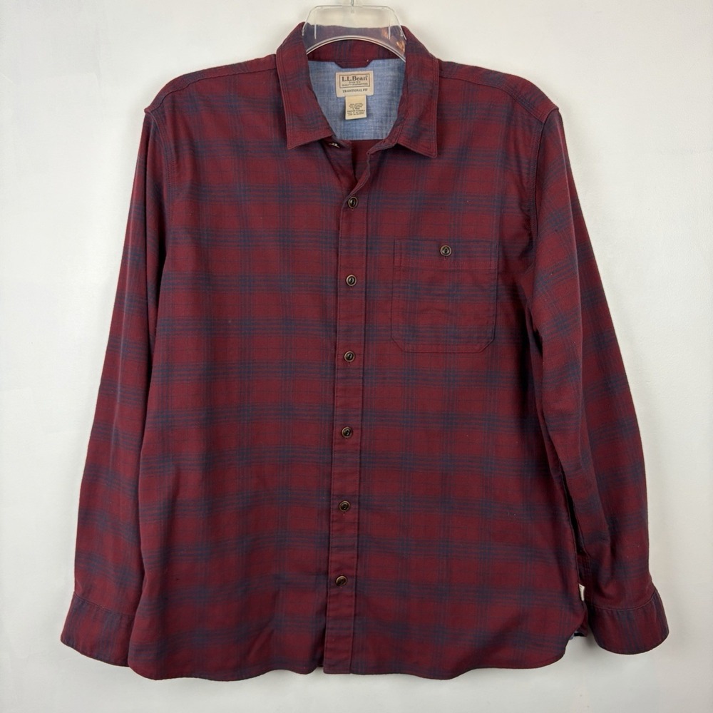 LL Bean Flannel Shirt Mens Large Traditional Fit Button Up Burgundy Plaid 513053